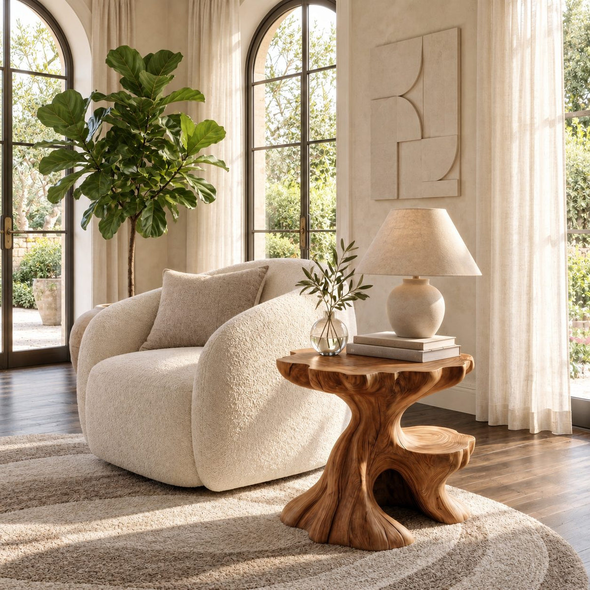 Tree Stump Side Table with Natural Edge Top and Lower Ledge, Carved Solid Wood End Table for Sofa