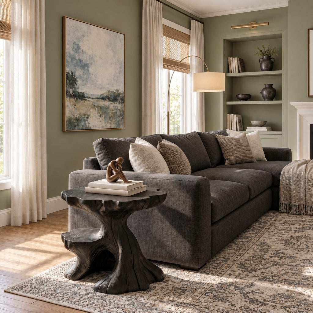 Tree Stump Side Table with Natural Edge Top and Lower Ledge, Carved Solid Wood End Table for Sofa