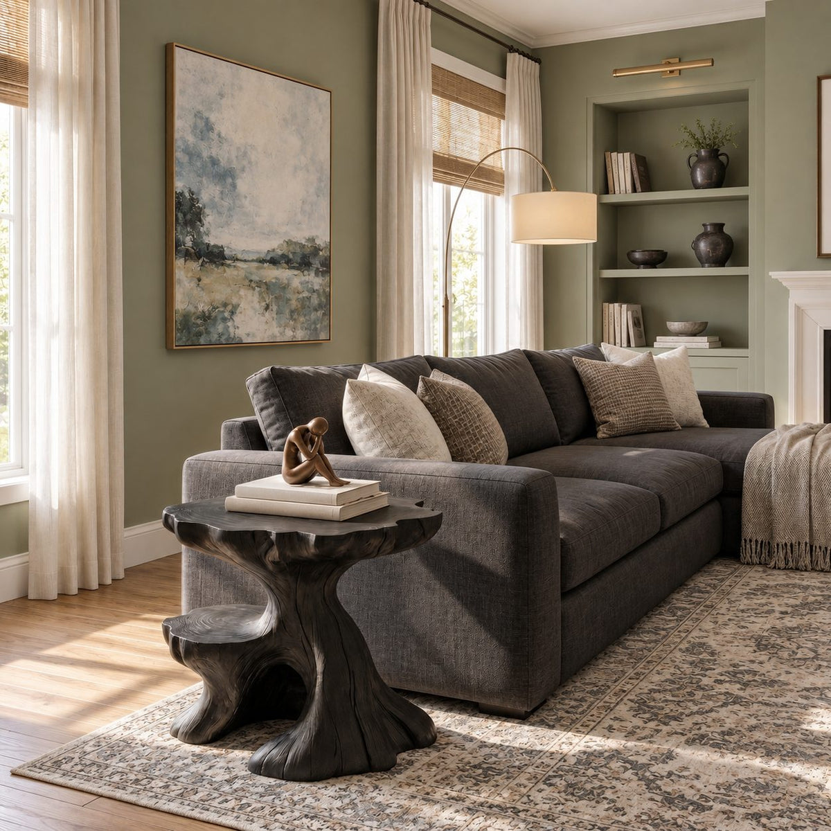 Tree Stump Side Table with Natural Edge Top and Lower Ledge, Carved Solid Wood End Table for Sofa