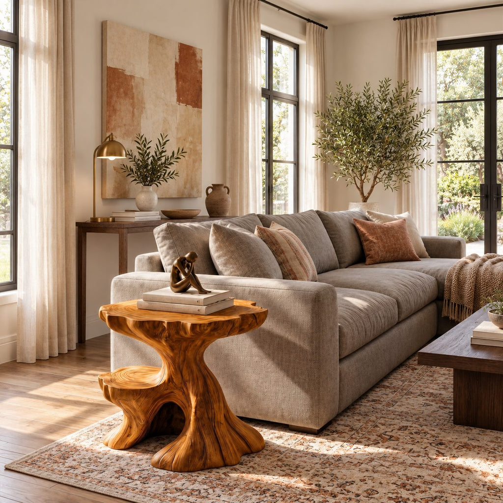 Tree Stump Side Table with Natural Edge Top and Lower Ledge, Carved Solid Wood End Table for Sofa