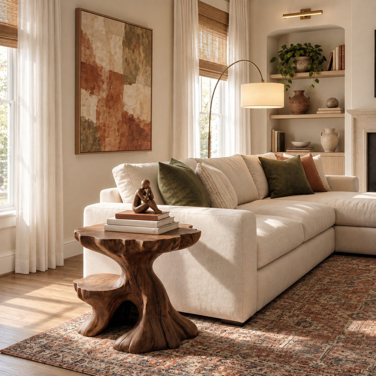 Tree Stump Side Table with Natural Edge Top and Lower Ledge, Carved Solid Wood End Table for Sofa