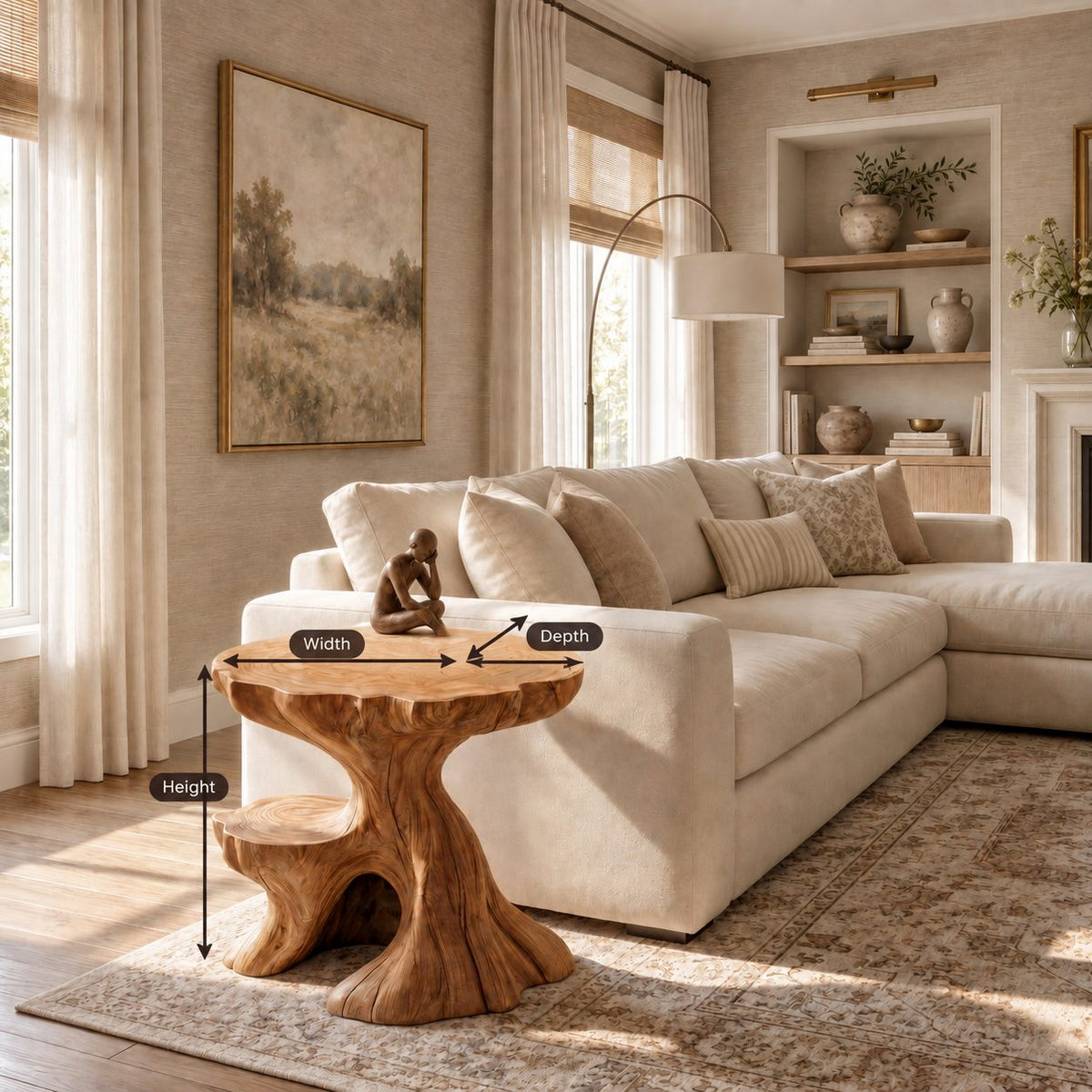 Tree Stump Side Table with Natural Edge Top and Lower Ledge, Carved Solid Wood End Table for Sofa