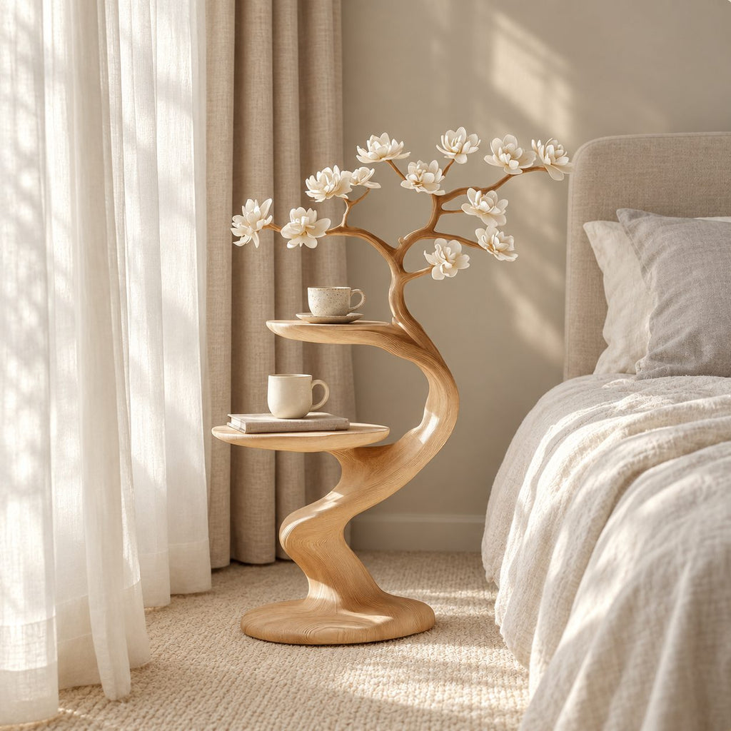 Sculptural Branch Nightstand with Two Round Shelves, Curved Solid Wood Bedside Table for Bedroom