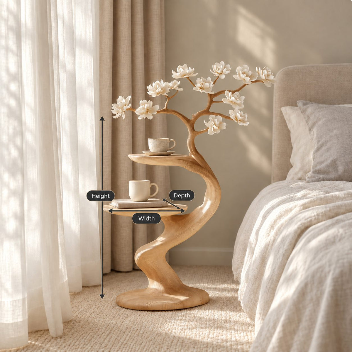 Sculptural Branch Nightstand with Two Round Shelves, Curved Solid Wood Bedside Table for Bedroom