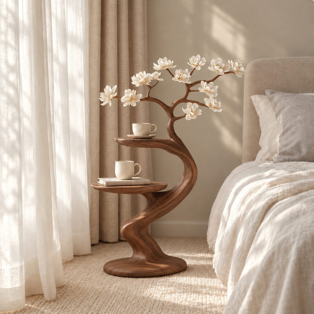 Sculptural Branch Nightstand with Two Round Shelves, Curved Solid Wood Bedside Table for Bedroom