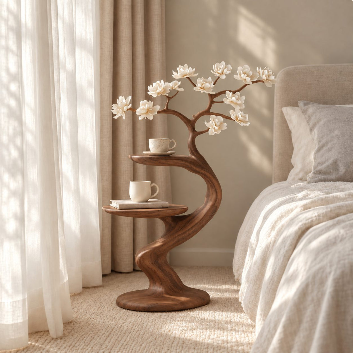 Sculptural Branch Nightstand with Two Round Shelves, Curved Solid Wood Bedside Table for Bedroom