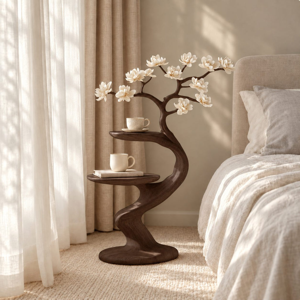 Sculptural Branch Nightstand with Two Round Shelves, Curved Solid Wood Bedside Table for Bedroom