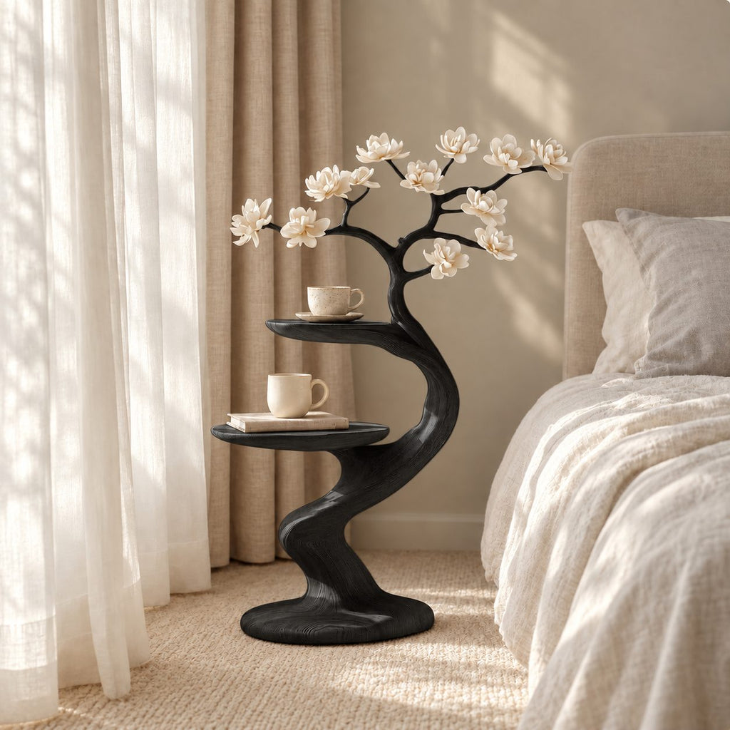 Sculptural Branch Nightstand with Two Round Shelves, Curved Solid Wood Bedside Table for Bedroom
