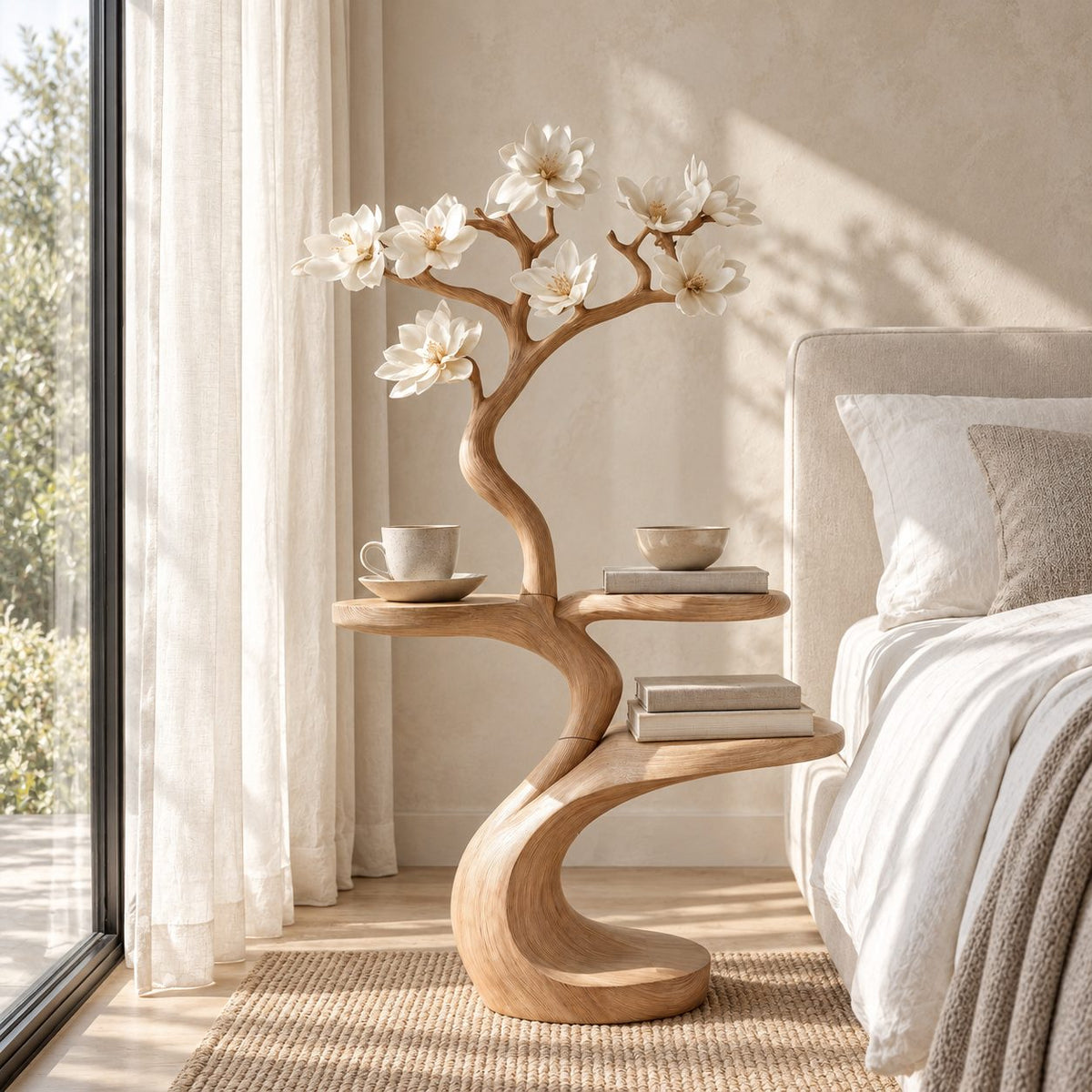 Tree Side Table with Two Round Tiers, Carved Branch Solid Wood End Table for Bedroom and Living Room