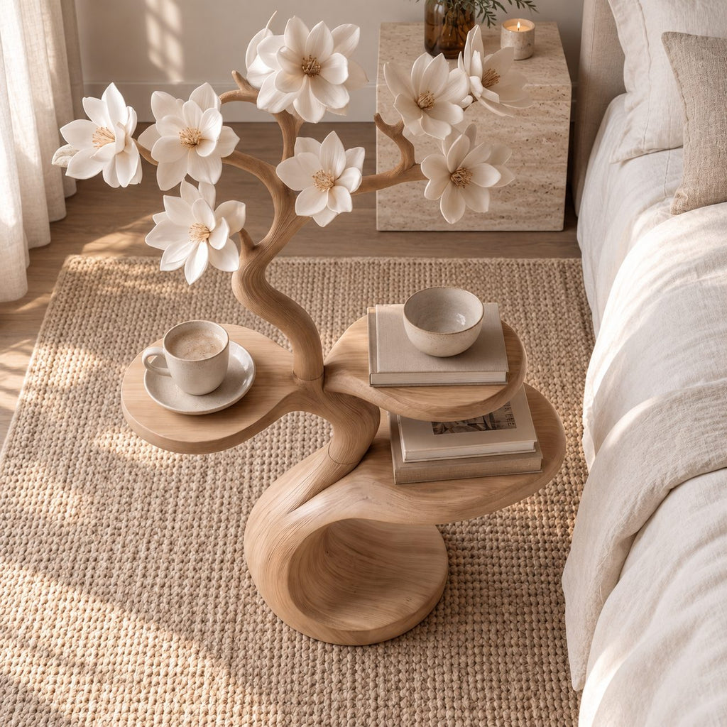Tree Side Table with Two Round Tiers, Carved Branch Solid Wood End Table for Bedroom and Living Room