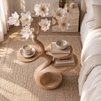 Tree Side Table with Two Round Tiers, Carved Branch Solid Wood End Table for Bedroom and Living Room