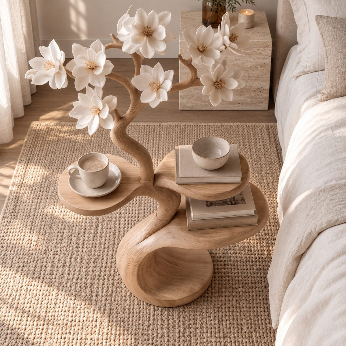 Tree Side Table with Two Round Tiers, Carved Branch Solid Wood End Table for Bedroom and Living Room