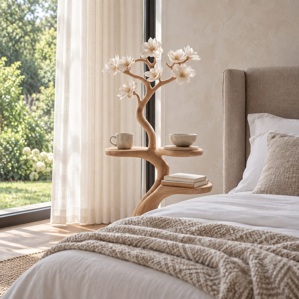 Tree Side Table with Two Round Tiers, Carved Branch Solid Wood End Table for Bedroom and Living Room