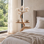Tree Side Table with Two Round Tiers, Carved Branch Solid Wood End Table for Bedroom and Living Room