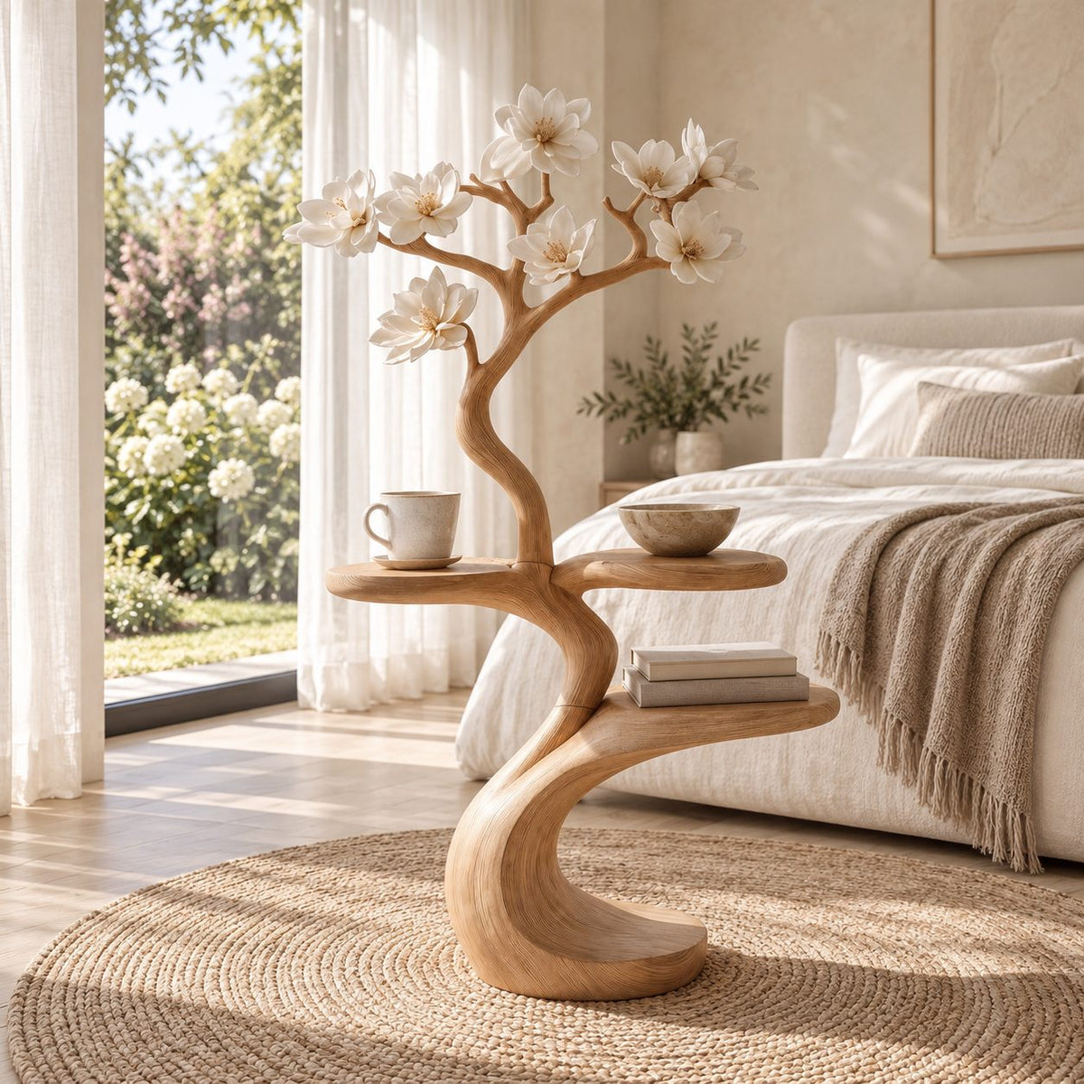 Tree Side Table with Two Round Tiers, Carved Branch Solid Wood End Table for Bedroom and Living Room
