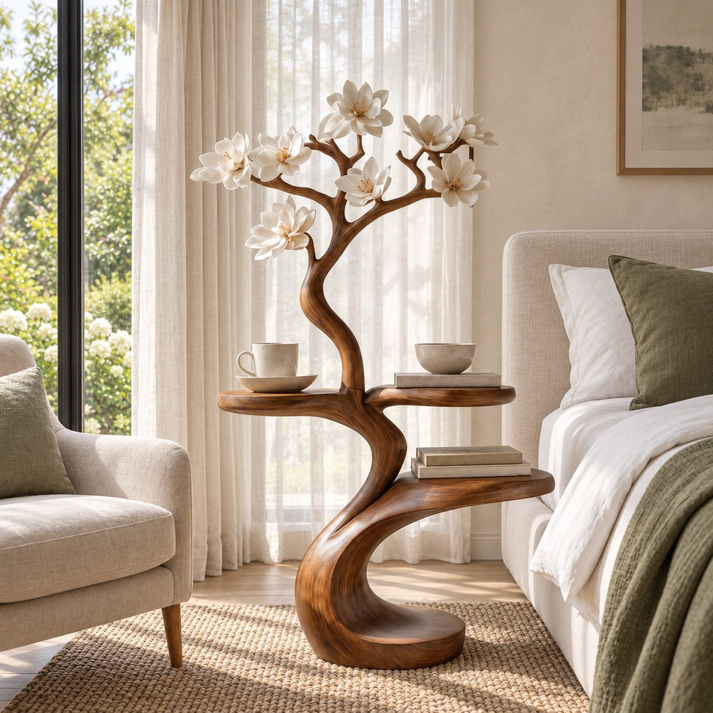 Tree Side Table with Two Round Tiers, Carved Branch Solid Wood End Table for Bedroom and Living Room