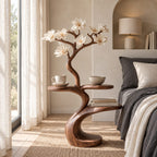 Tree Side Table with Two Round Tiers, Carved Branch Solid Wood End Table for Bedroom and Living Room