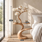 Tree Side Table with Two Round Tiers, Carved Branch Solid Wood End Table for Bedroom and Living Room