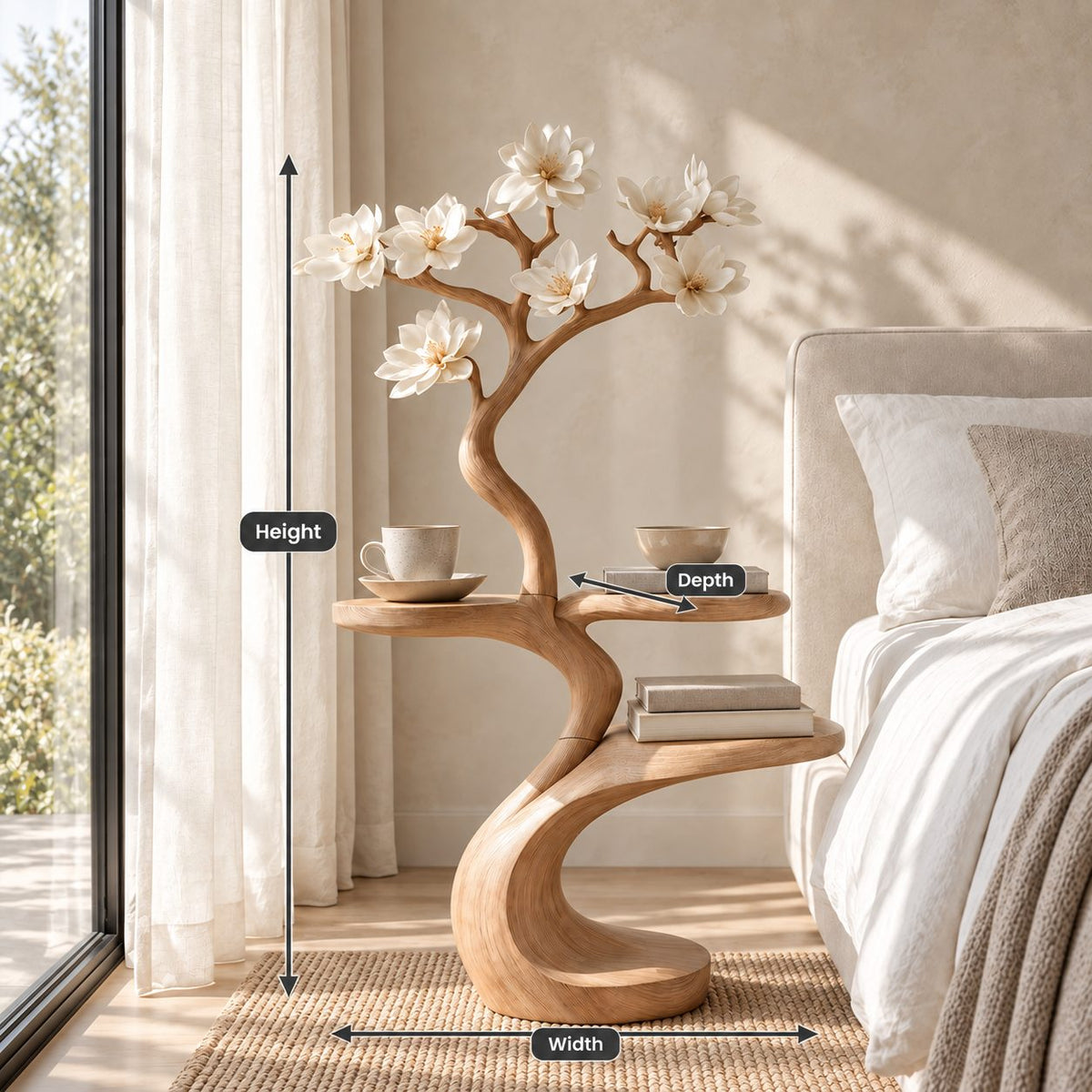 Tree Side Table with Two Round Tiers, Carved Branch Solid Wood End Table for Bedroom and Living Room