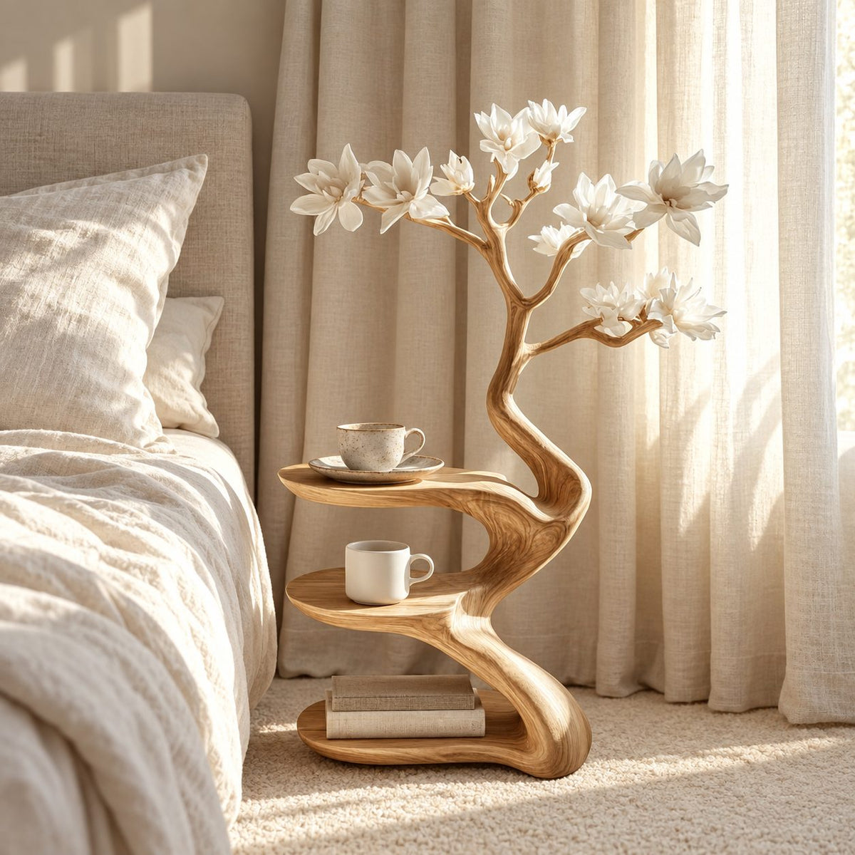 Sculptural Tree Nightstand with Three Tiers, Carved Solid Wood Bedside Table for Bedroom
