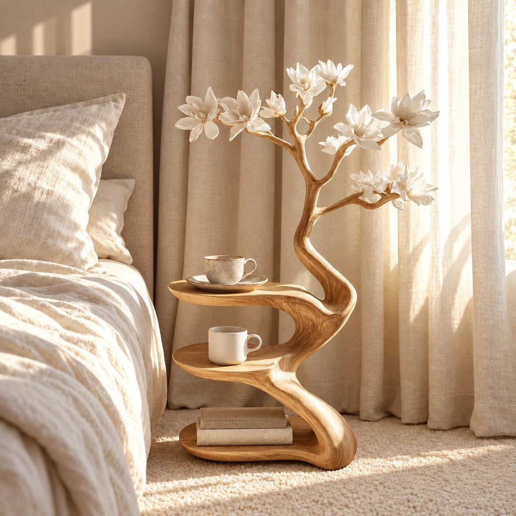 Sculptural Tree Nightstand with Three Tiers, Carved Solid Wood Bedside Table for Bedroom