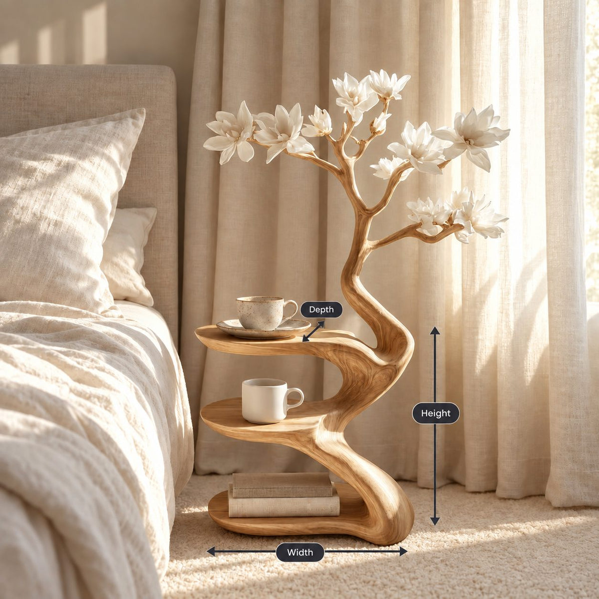 Sculptural Tree Nightstand with Three Tiers, Carved Solid Wood Bedside Table for Bedroom