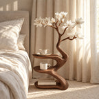 Sculptural Tree Nightstand with Three Tiers, Carved Solid Wood Bedside Table for Bedroom