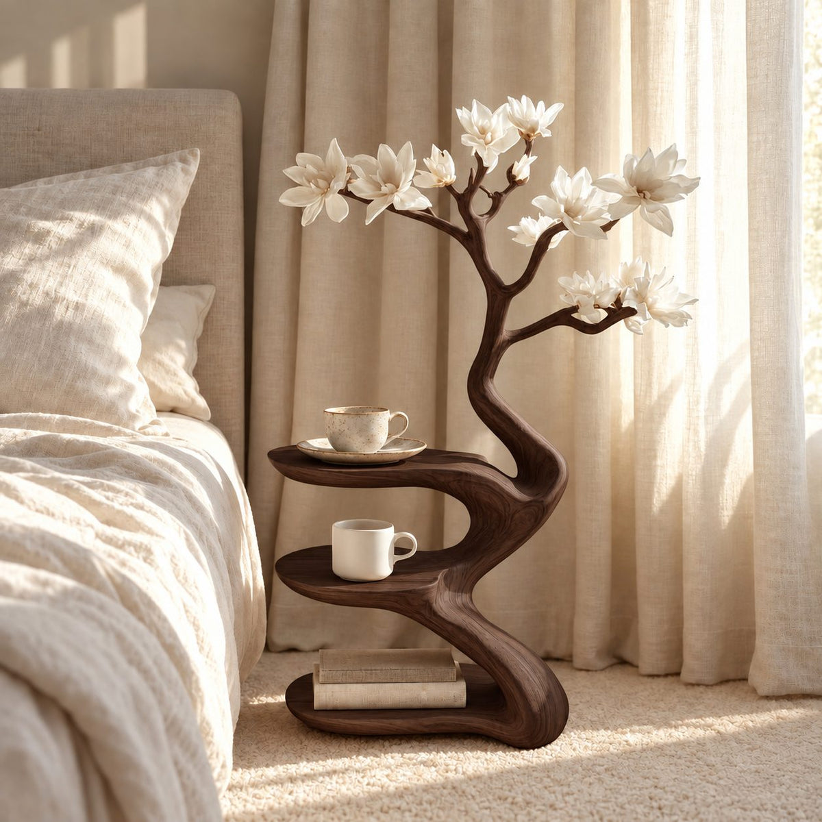 Sculptural Tree Nightstand with Three Tiers, Carved Solid Wood Bedside Table for Bedroom