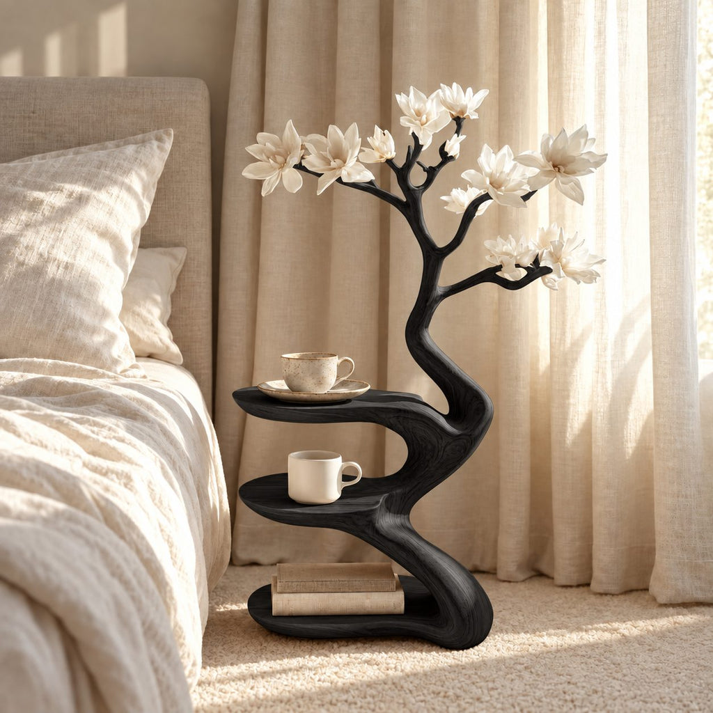 Sculptural Tree Nightstand with Three Tiers, Carved Solid Wood Bedside Table for Bedroom
