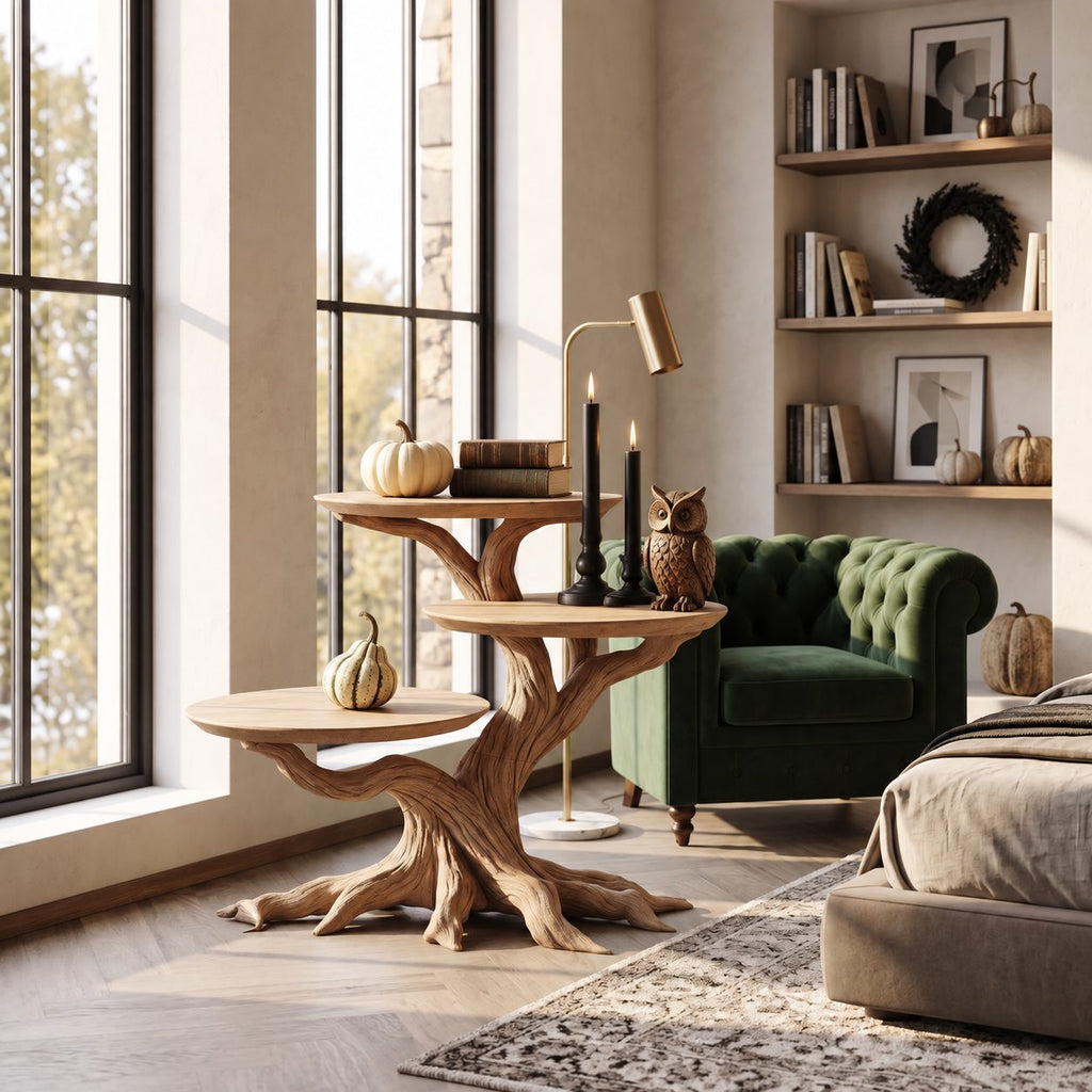 Three Tier Round End Table with Tree Root Base, Solid Wood Side Table for Living Room