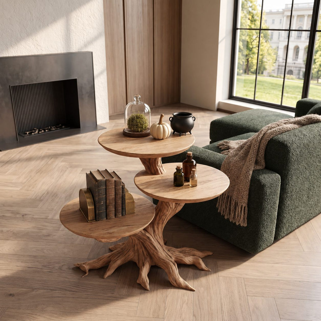 Three Tier Round End Table with Tree Root Base, Solid Wood Side Table for Living Room