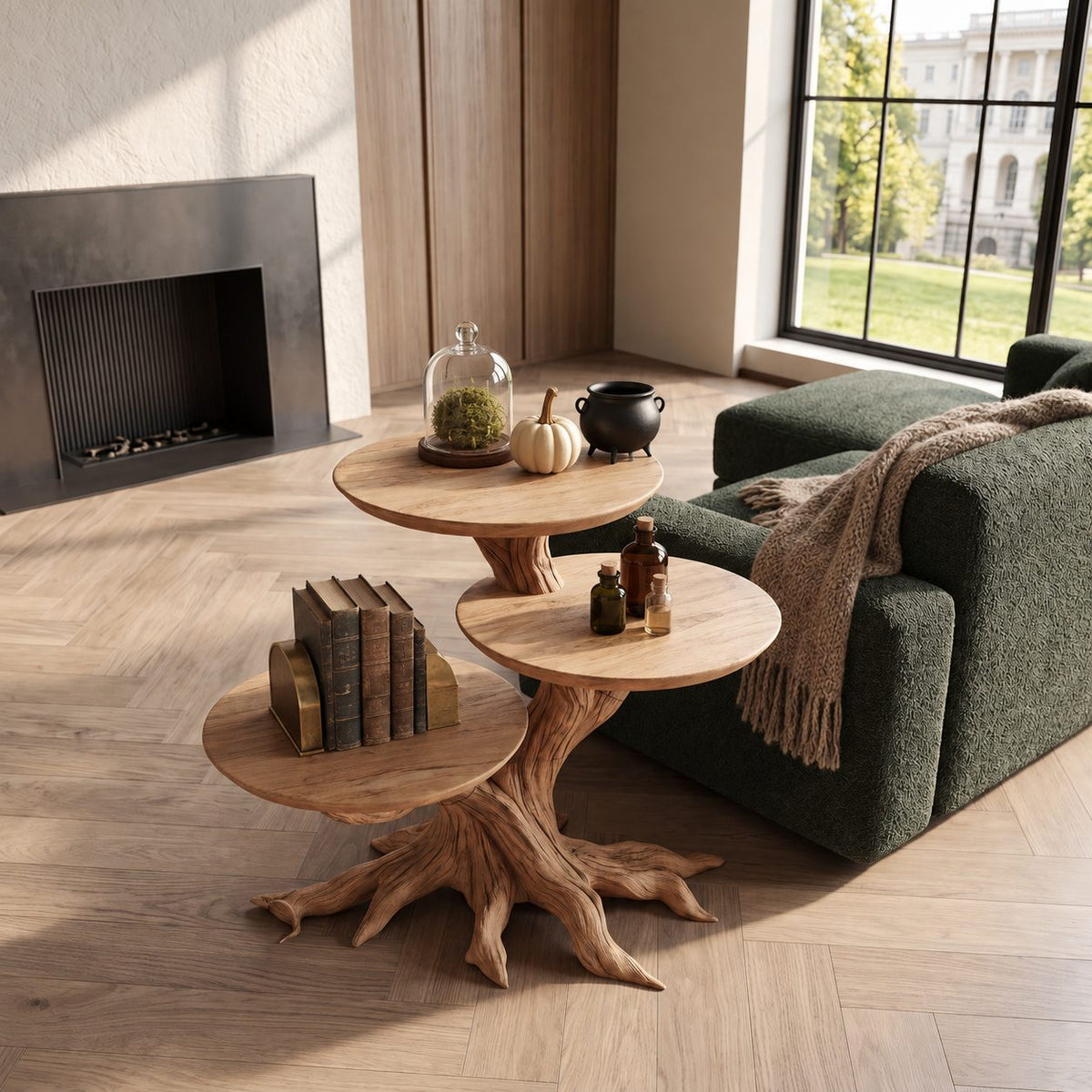 Three Tier Round End Table with Tree Root Base, Solid Wood Side Table for Living Room