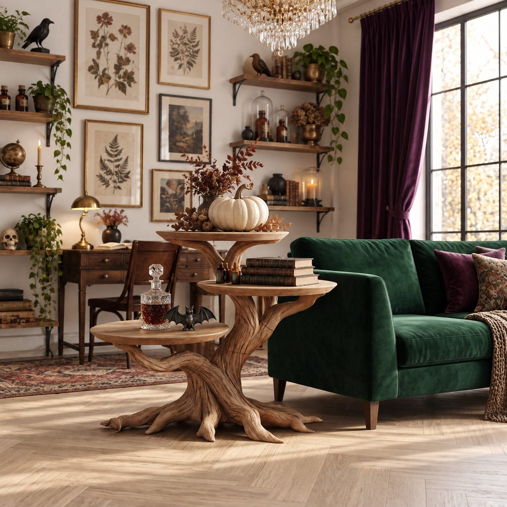 Three Tier Round End Table with Tree Root Base, Solid Wood Side Table for Living Room