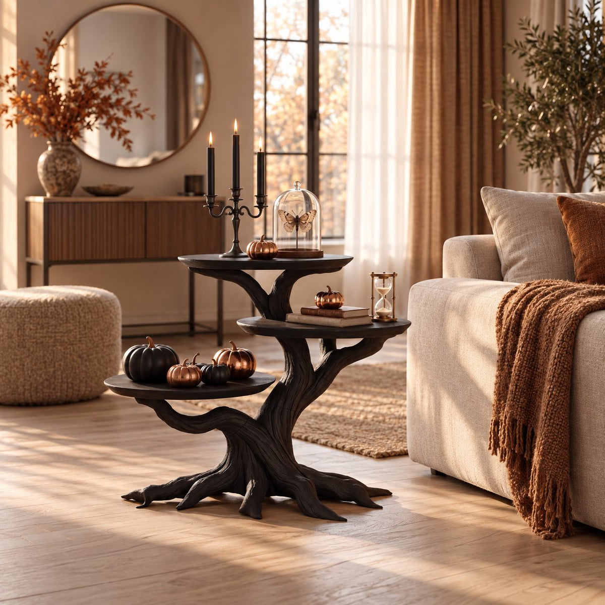 Three Tier Round End Table with Tree Root Base, Solid Wood Side Table for Living Room