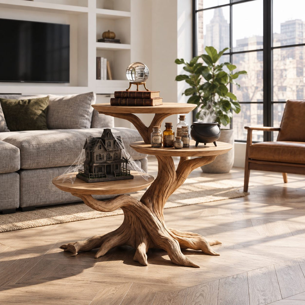 Three Tier Round End Table with Tree Root Base, Solid Wood Side Table for Living Room