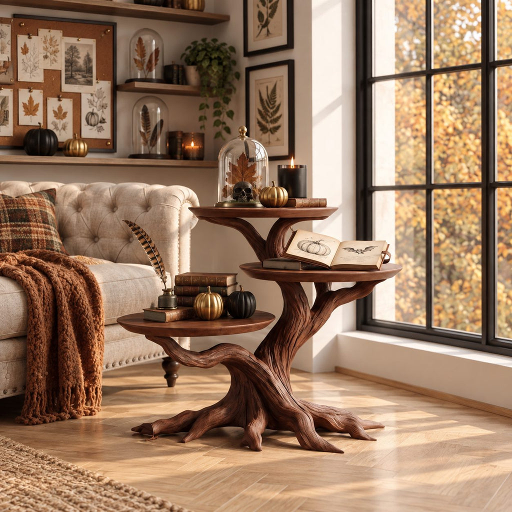 Three Tier Round End Table with Tree Root Base, Solid Wood Side Table for Living Room