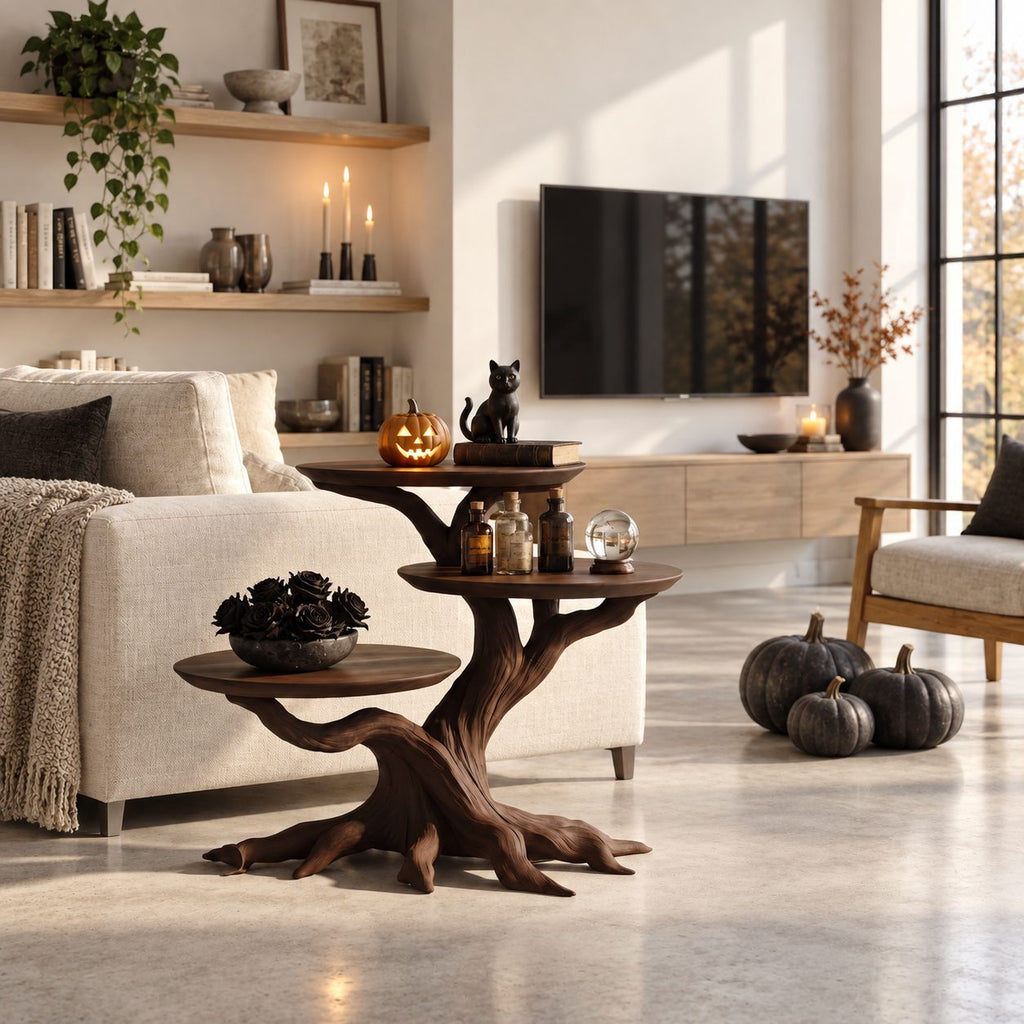 Three Tier Round End Table with Tree Root Base, Solid Wood Side Table for Living Room