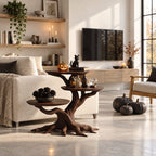 Three Tier Round End Table with Tree Root Base, Solid Wood Side Table for Living Room