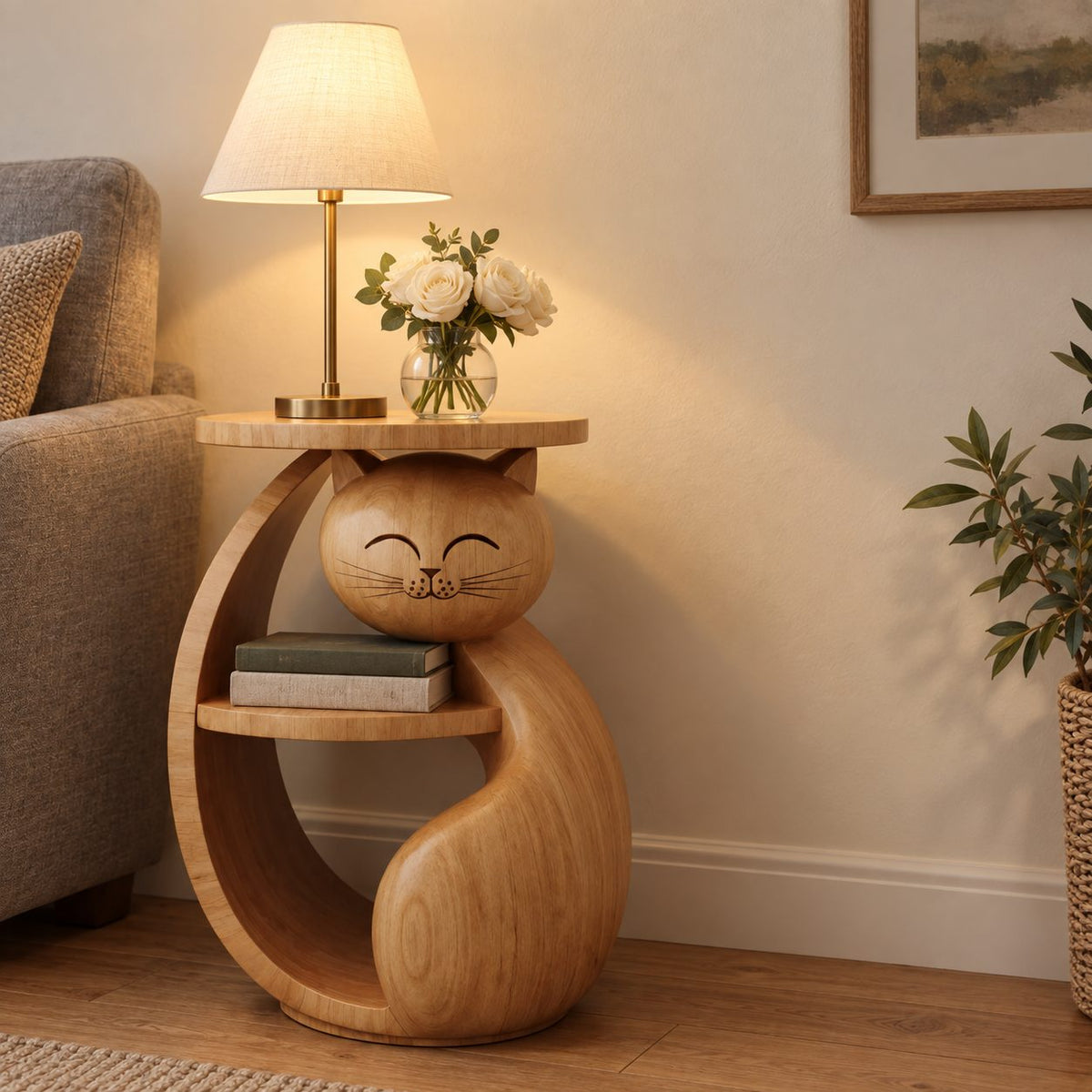 Cat Shaped Side Table with Shelf, Carved Solid Wood End Table for Bedroom, Kids Room or Living Room
