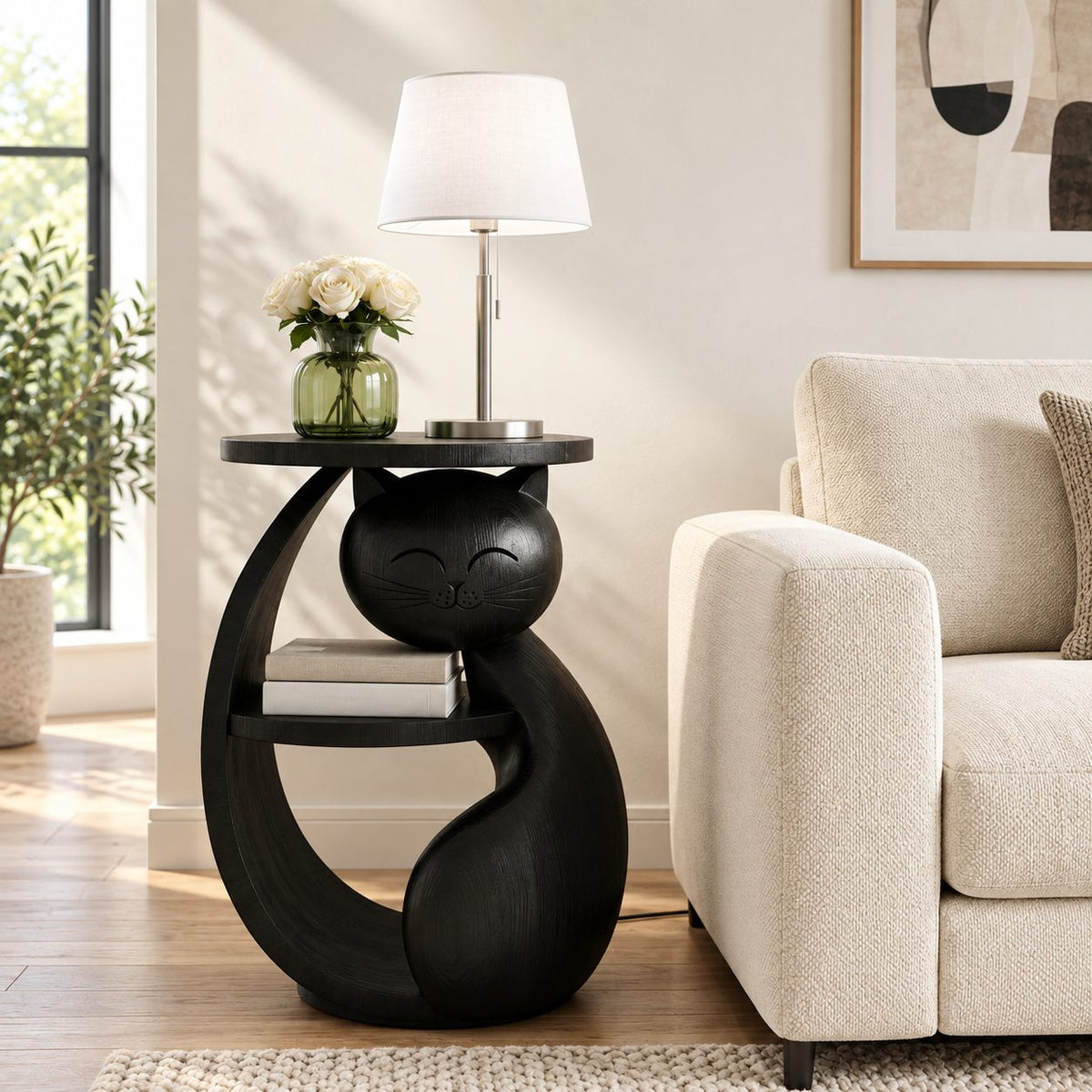 Cat Shaped Side Table with Shelf, Carved Solid Wood End Table for Bedroom, Kids Room or Living Room