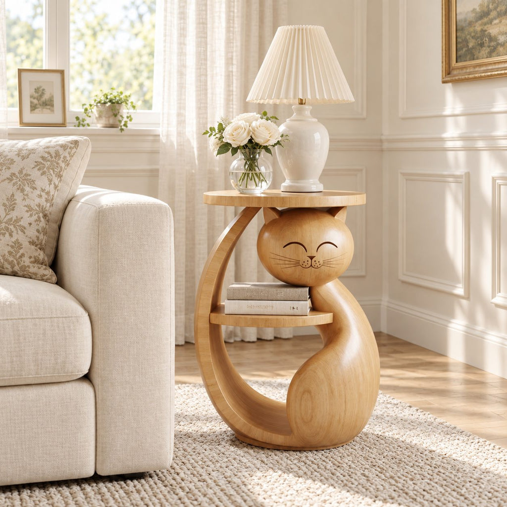 Cat Shaped Side Table with Shelf, Carved Solid Wood End Table for Bedroom, Kids Room or Living Room