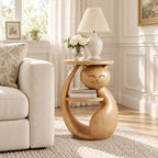 Cat Shaped Side Table with Shelf, Carved Solid Wood End Table for Bedroom, Kids Room or Living Room