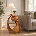 Cat Shaped Side Table with Shelf, Carved Solid Wood End Table for Bedroom, Kids Room or Living Room