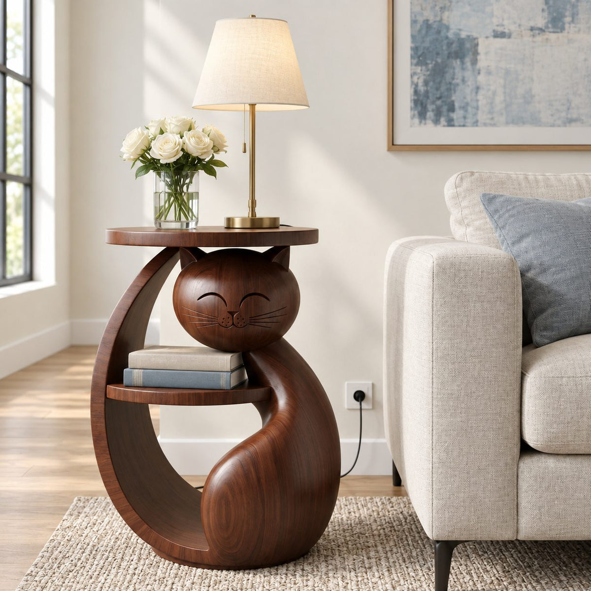 Cat Shaped Side Table with Shelf, Carved Solid Wood End Table for Bedroom, Kids Room or Living Room