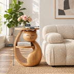 Cat Shaped Side Table with Shelf, Carved Solid Wood End Table for Bedroom, Kids Room or Living Room