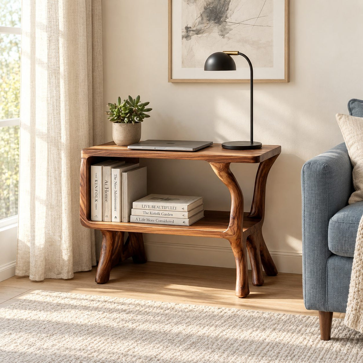 Rustic Side Table with Lower Shelf, Branch Leg Solid Wood End Table for Living Room Sofa