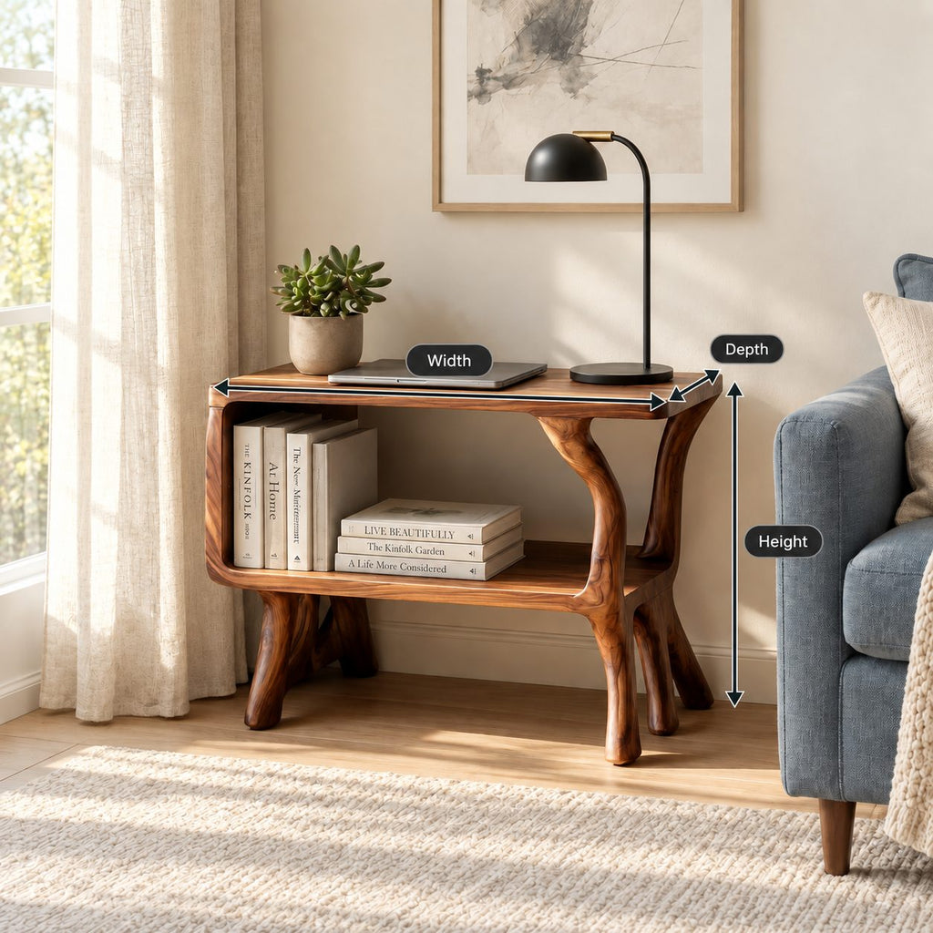 Rustic Side Table with Lower Shelf, Branch Leg Solid Wood End Table for Living Room Sofa