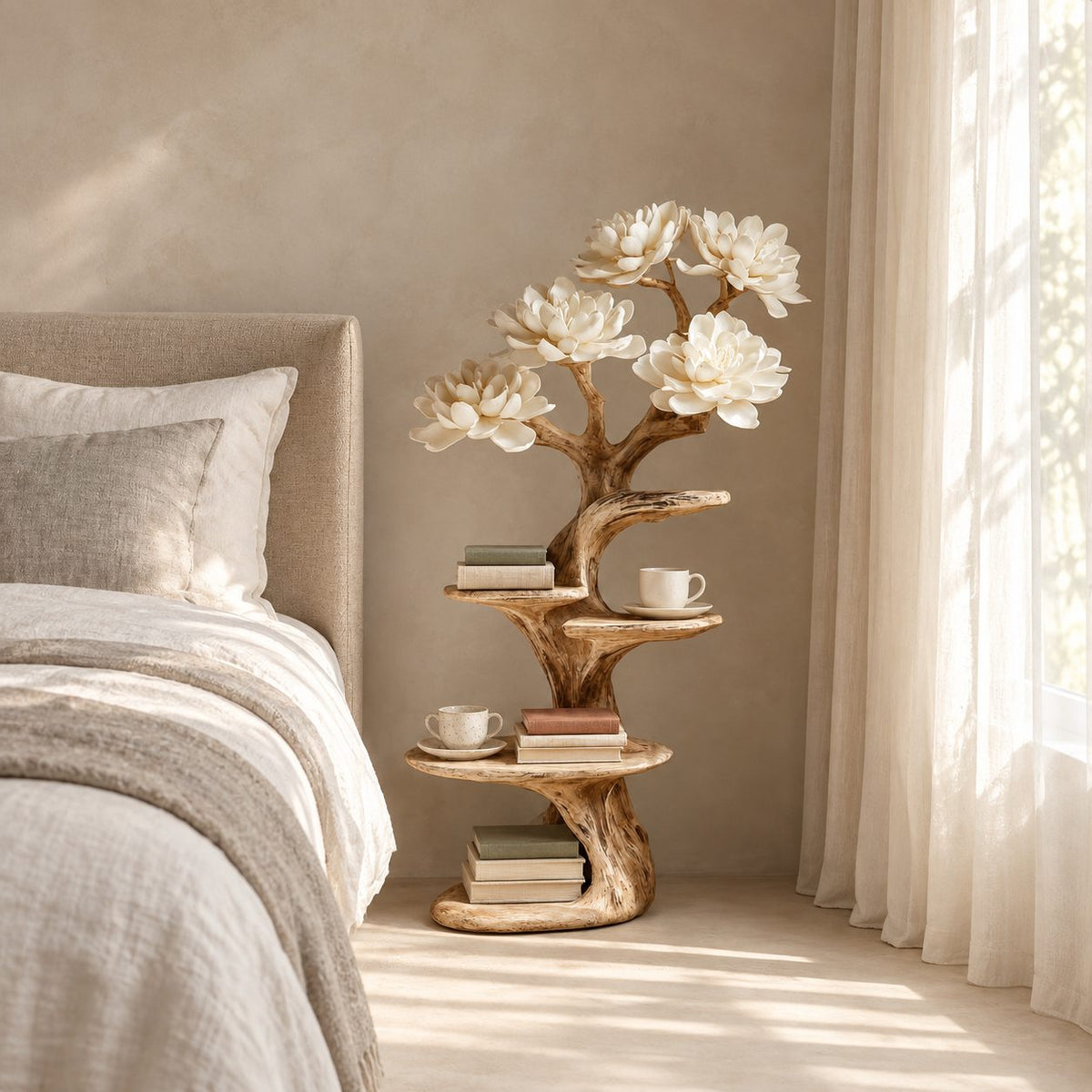 Rustic Tree Nightstand with Staggered Shelves, Gnarled Trunk Solid Wood Bedside Table