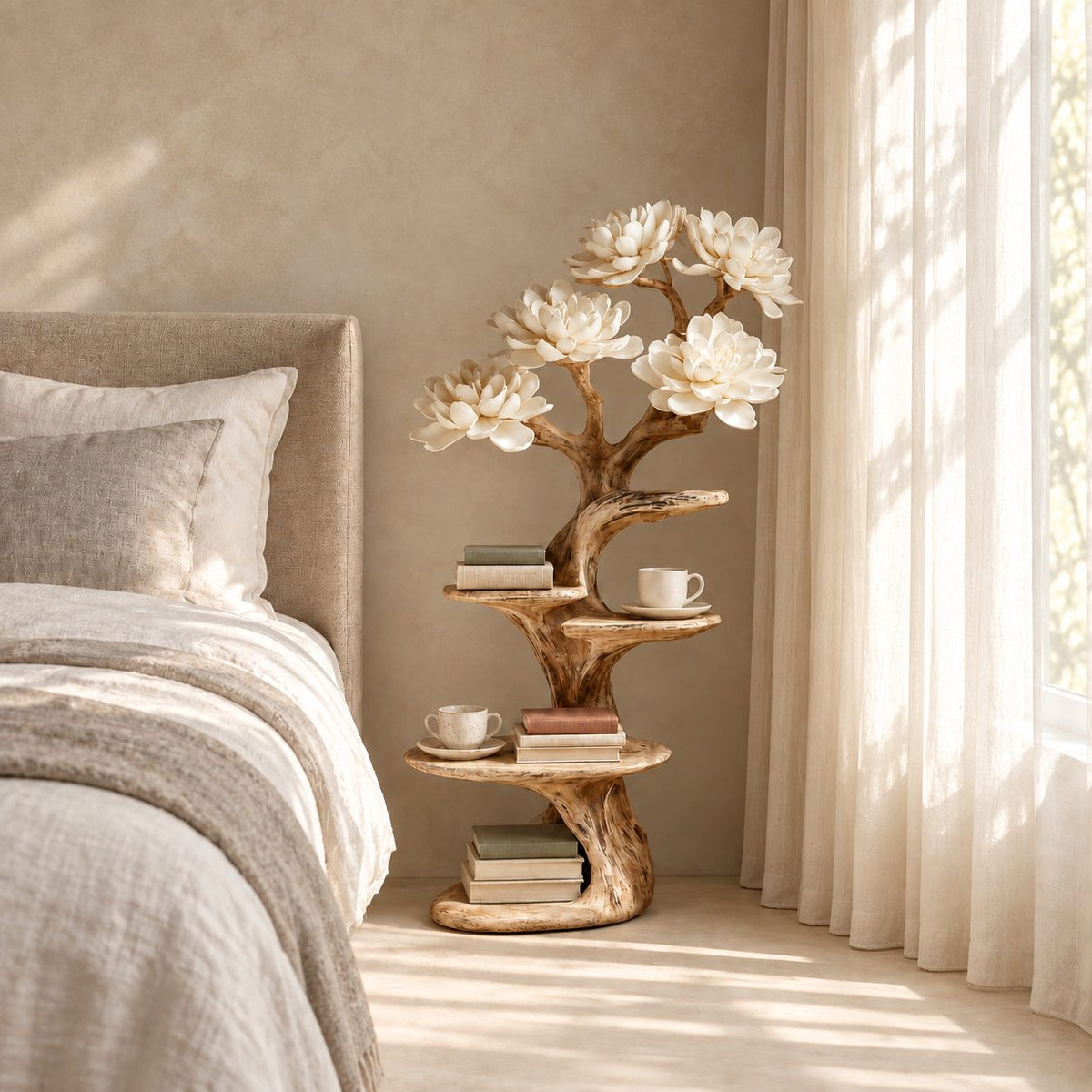 Rustic Tree Nightstand with Staggered Shelves, Gnarled Trunk Solid Wood Bedside Table