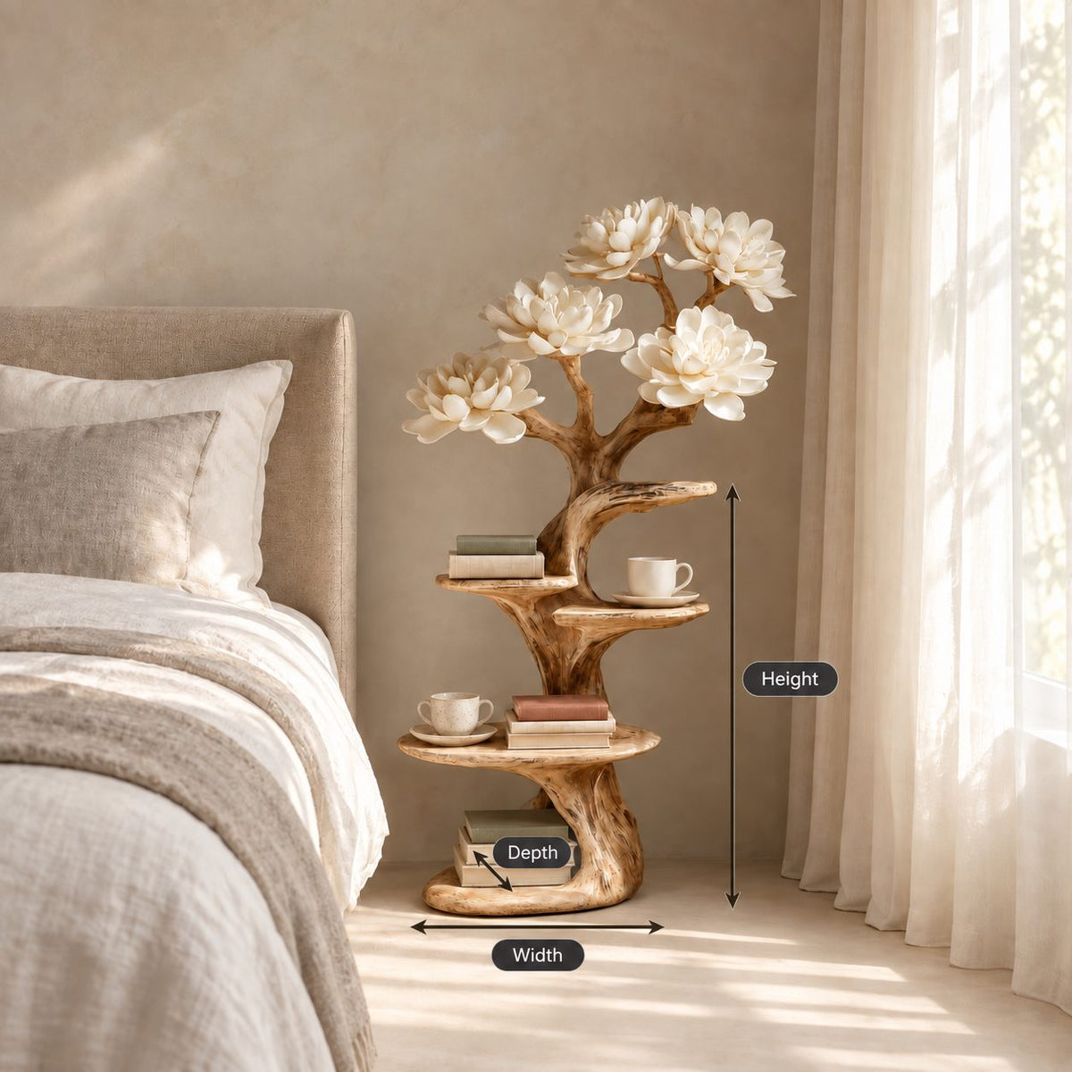 Rustic Tree Nightstand with Staggered Shelves, Gnarled Trunk Solid Wood Bedside Table